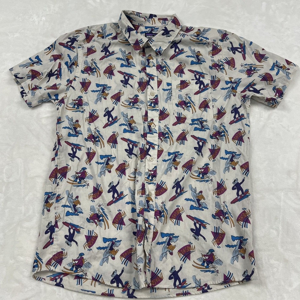 Patagonia Button Up Shirt Mens Large White Skiing Snowboarding Badger Print